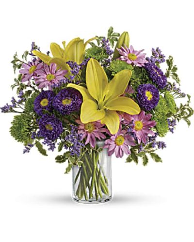 <div class="m-pdp-tabs-description">
<div id="mark-1" class="m-pdp-tabs-marketing-description">Sprinkle happiness on any occasion with this bright, beautiful bouquet! A cheerful blend of sunshiny lilies, pretty purple blooms and glowing greens in a classic cylinder, it makes any day feel fresh and fabulous!</div>
<div>
<div id="mark-3" class="m-pdp-tabs-marketing-description">Golden roses and lilies, lavender blooms and bright greens are a recipe for fresh, fabulous greetings! Turn any day into a special one with this happy surprise, arranged in a classic glass cylinder.</div>
<div id="desc-3">
<ul>
 	<li>This fabulous bouquet includes yellow roses and asiatic lilies, purple matsumoto asters, green cushion spray chrysanthemums, lavender daisy spray chrysanthemums, purple limonium, and pitta negra.</li>
</ul>
</div>
</div>
</div>