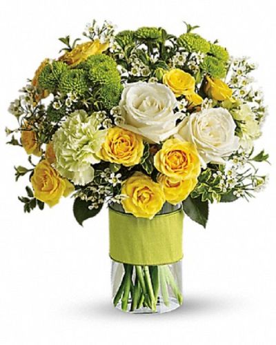 <div class="m-pdp-tabs-description">
<div id="mark-1" class="m-pdp-tabs-marketing-description">You could call or email that special someone, but why not put your feelings into flowers? They'll love this elegant array of white and yellow roses and other favorites in a stylish cylinder vase. They'll want to thank you in person.</div>
</div>
<p id="arrngDescp">This charming bouquet includes white roses, yellow spray roses, green carnations, green button spray chrysanthemums and white waxflower accented with assorted greenery.</p>