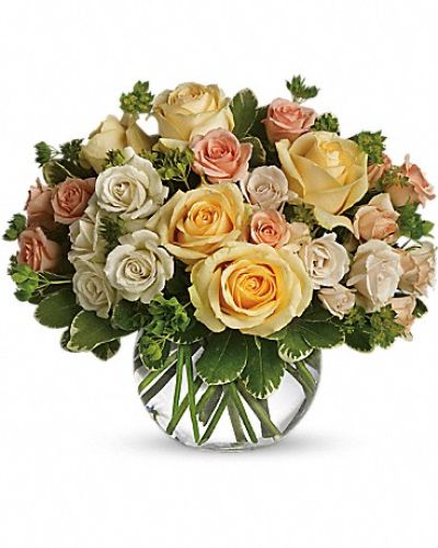 <div class="m-pdp-tabs-description">
<div id="mark-1" class="m-pdp-tabs-marketing-description">It will be a magic moment when this divine bowl of pastel roses is hand-delivered to someone special. Perfect for any occasion, the soft colors and variety of rose blossoms will soothe anyone's soul.</div>
</div>
<p id="arrngDescp">Beautiful yellow roses, peach and white spray roses and greens are delivered in a clear glass vase. The effect is magical.</p>