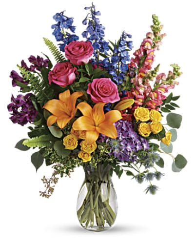 <div id="mark-3" class="m-pdp-tabs-marketing-description">A rainbow of beauty for any occasion. Purple hydrangea, pink roses and orange lilies positively pop in this bright bouquet, featuring all the colors of the rainbow.</div>
&nbsp;
<div id="desc-3">
<ul>
 	<li>This colorful bouquet includes purple hydrangea, pink roses, yellow spray roses, orange asiatic lilies, purple alstroemeria, blue delphinium, pink snapdragons, blue eryngium, huckleberry, oregonia, Israeli ruscus, sword fern, silver dollar eucalyptus, seeded eucalyptus, and lemon leaf.</li>
</ul>
</div>