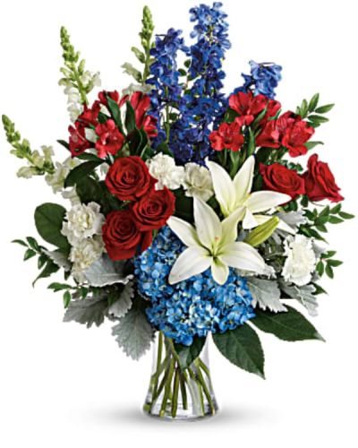 <div id="mark-3" class="m-pdp-tabs-marketing-description">A colorful tribute for someone special, this brilliant bouquet of red, white and blue blooms is both perfectly patriotic and gorgeous.</div>
<div id="desc-3">
<ul>
 	<li>This bouquet features blue hydrangea, red roses, white asiatic lilies, red alstroemeria, white carnations, blue delphinium, white snapdragons, huckleberry, dusty miller, aralia leaf and lemon leaf.</li>
 	<li>Delivered in a gathering vase.</li>
</ul>
</div>