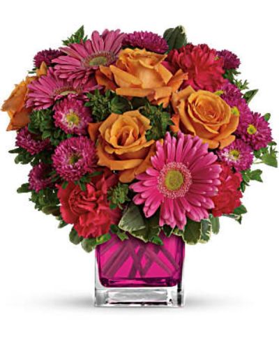 <div id="mark-3" class="m-pdp-tabs-marketing-description">Pop goes the pink! A gorgeously chic gift for any occasion, this perky pink and orange bouquet is pure fun, especially when it's hand-delivered in a fabulous cube!</div>
<div id="desc-3">
<ul>
 	<li>This brilliant bouquet of lush orange roses, hot pink gerberas, carnations and matsumoto asters are accented with bupleurum and variegated pittosporum.</li>
</ul>
</div>